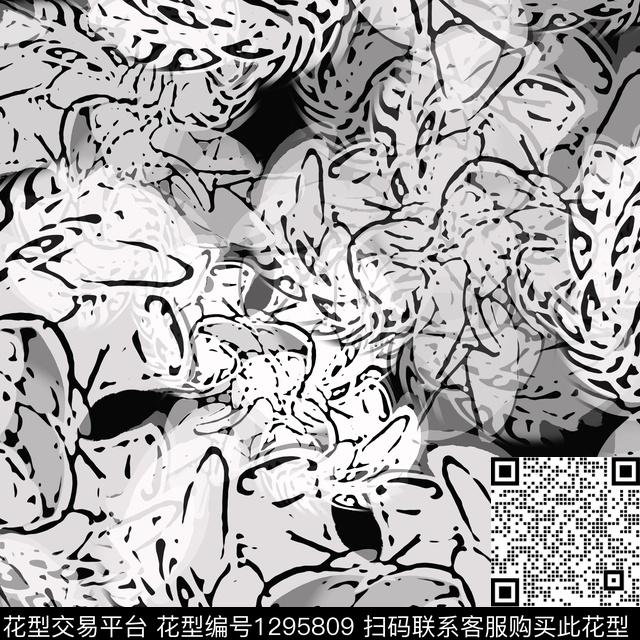 花卉抽象手绘线条笔触数码印花华亿平台下载（图片编号: 1295809） - 瓦栏（Walan）