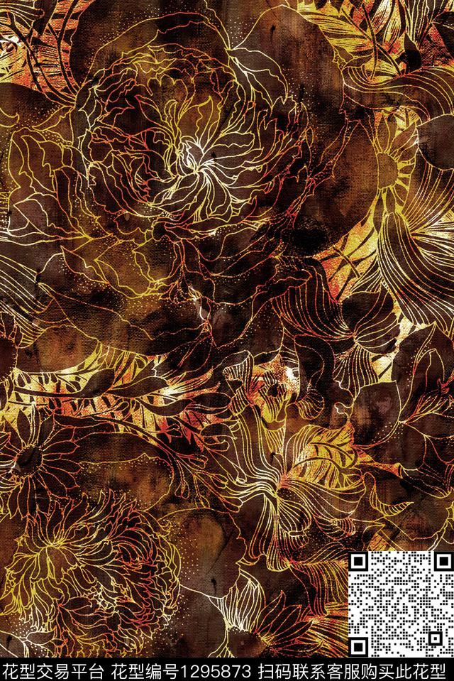 花卉抽象手绘数码印花华亿平台下载（图片编号: 1295873） - 瓦栏（Walan）