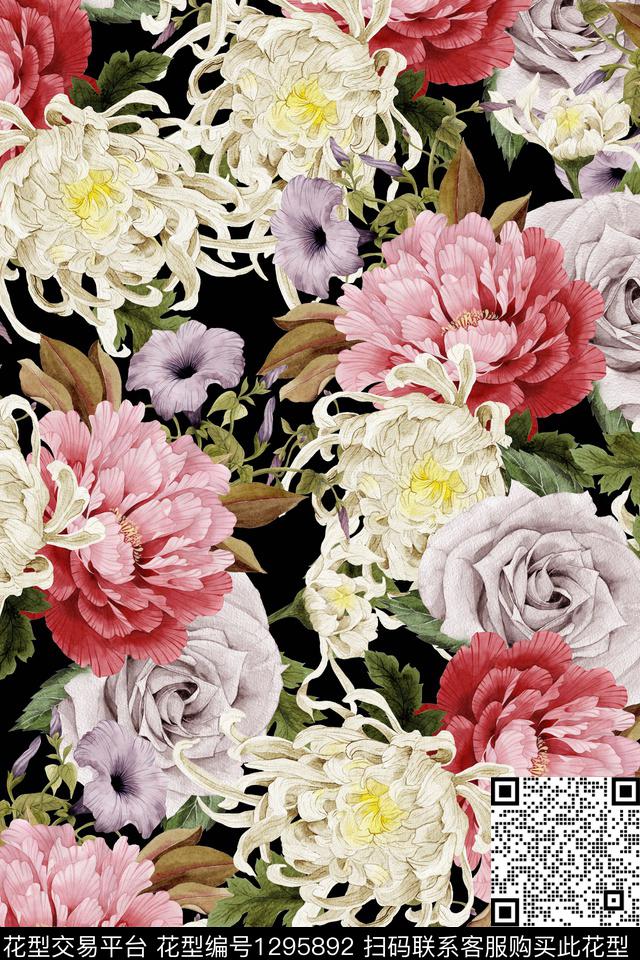 黑底花卉花卉花瓣数码印花华亿平台下载（图片编号: 1295892） - 瓦栏（Walan）