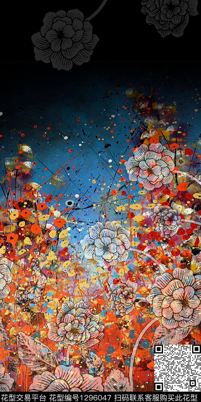 女装定位花花卉抽象数码印花华亿平台下载（图片编号: 1296047） - 瓦栏（Walan）
