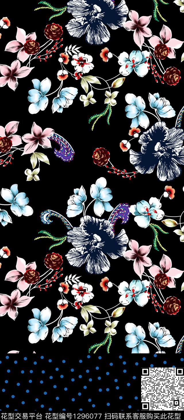花卉波点黑底花卉数码印花华亿平台下载（图片编号: 1296077） - 瓦栏（Walan）