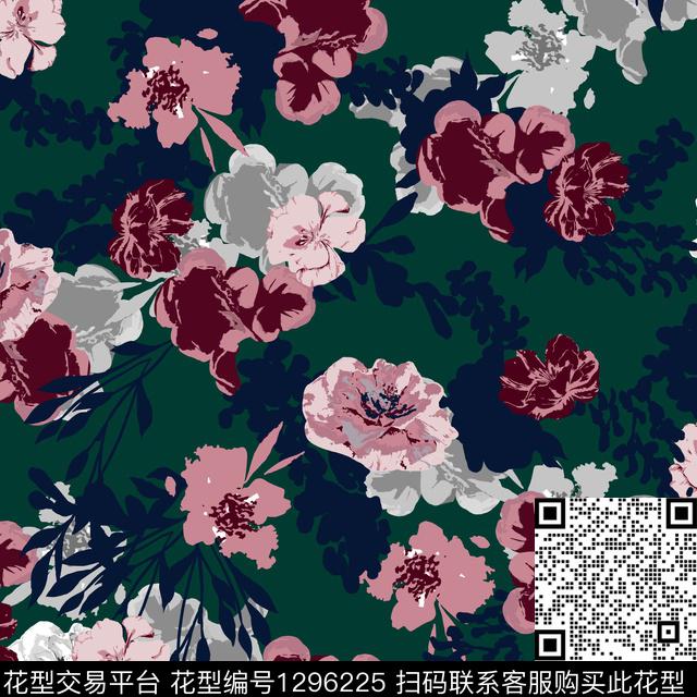 花卉抽象墨绿底数码印花华亿平台下载（图片编号: 1296225） - 瓦栏（Walan）