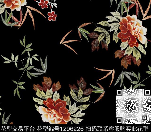 花卉牡丹黑底花卉数码印花华亿平台下载（图片编号: 1296226） - 瓦栏（Walan）