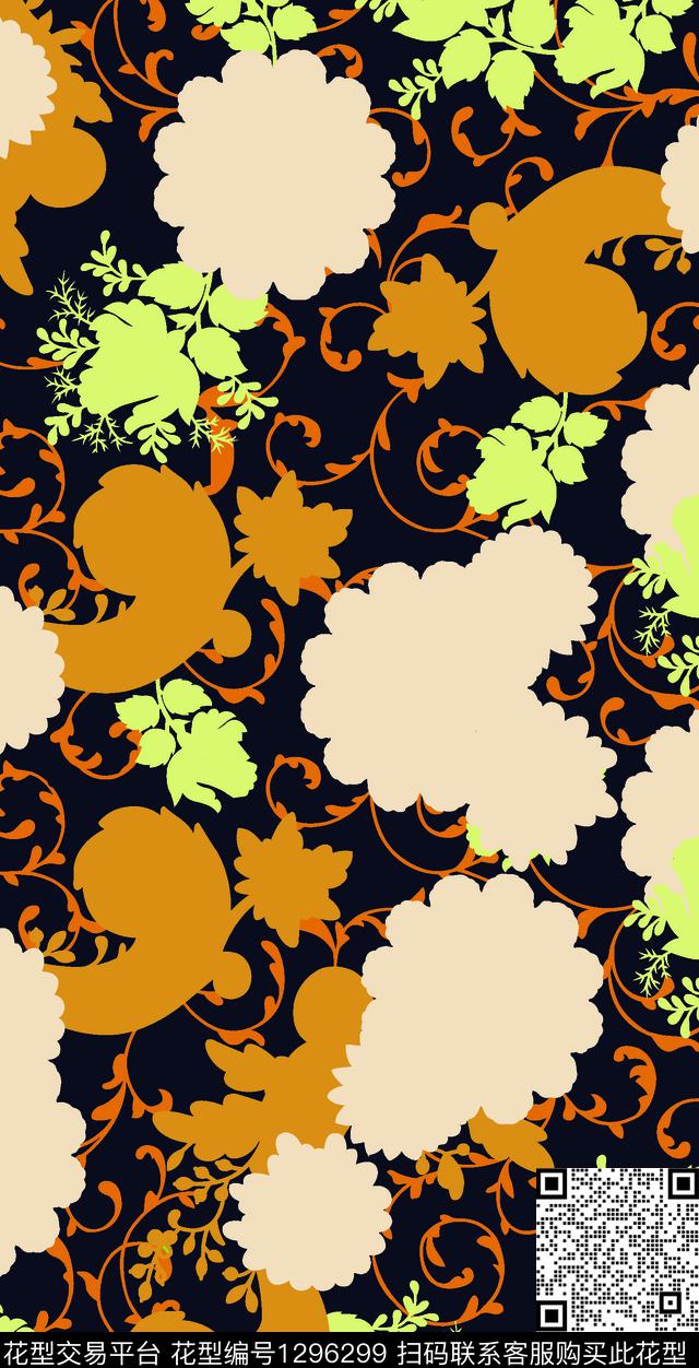 抽象花卉大牌风色块华亿平台传统印花华亿平台下载（图片编号: 1296299） - 瓦栏（Walan）