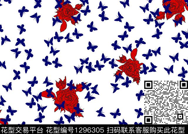 花卉蝴蝶玫瑰花花卉传统印花华亿平台下载（图片编号: 1296305） - 瓦栏（Walan）