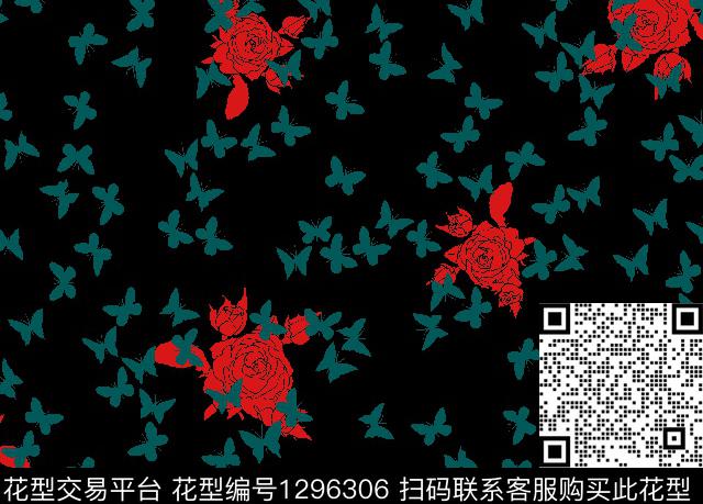 花卉蝴蝶玫瑰花花卉传统印花华亿平台下载（图片编号: 1296306） - 瓦栏（Walan）