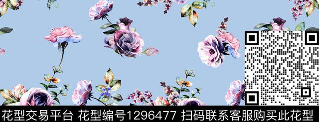 花卉手绘天蓝底数码印花华亿平台下载（图片编号: 1296477） - 瓦栏（Walan）