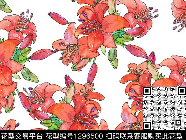 百合大束花卉散点花卉数码印花华亿平台下载（图片编号: 1296500） - 瓦栏（Walan）