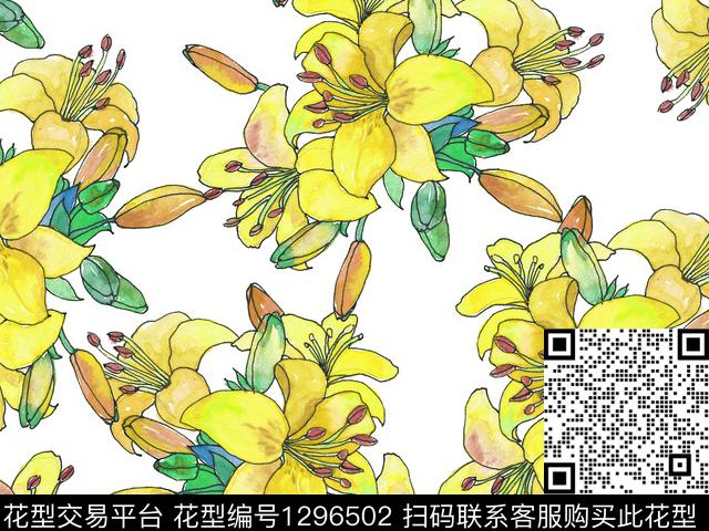 百合大束花卉散点花卉数码印花华亿平台下载（图片编号: 1296502） - 瓦栏（Walan）