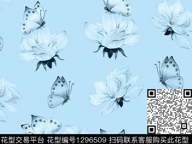 花卉蝴蝶水彩花卉散点花卉数码印花华亿平台下载（图片编号: 1296509） - 瓦栏（Walan）