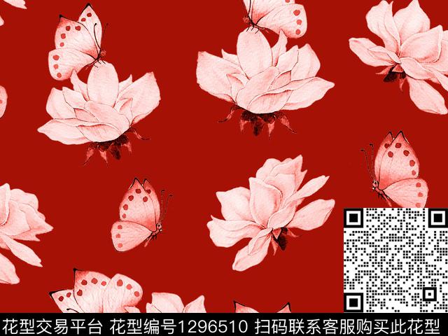 花卉蝴蝶水彩花卉散点花卉数码印花华亿平台下载（图片编号: 1296510） - 瓦栏（Walan）