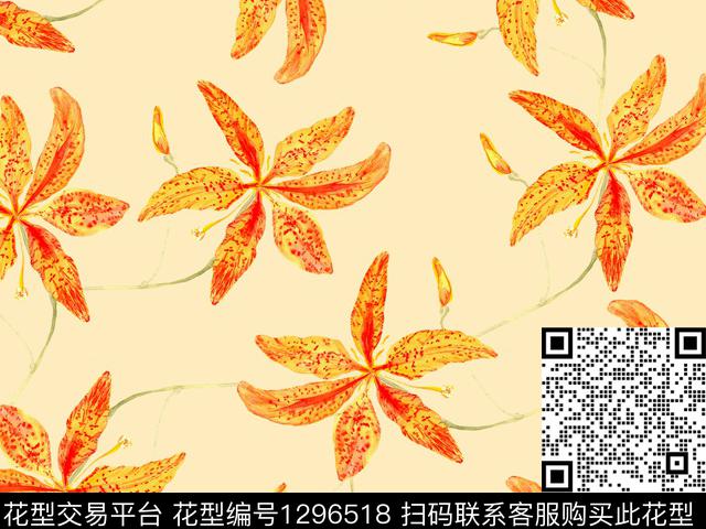 香蕉花卉黄色花朵散点排列数码印花华亿平台下载（图片编号: 1296518） - 瓦栏（Walan）