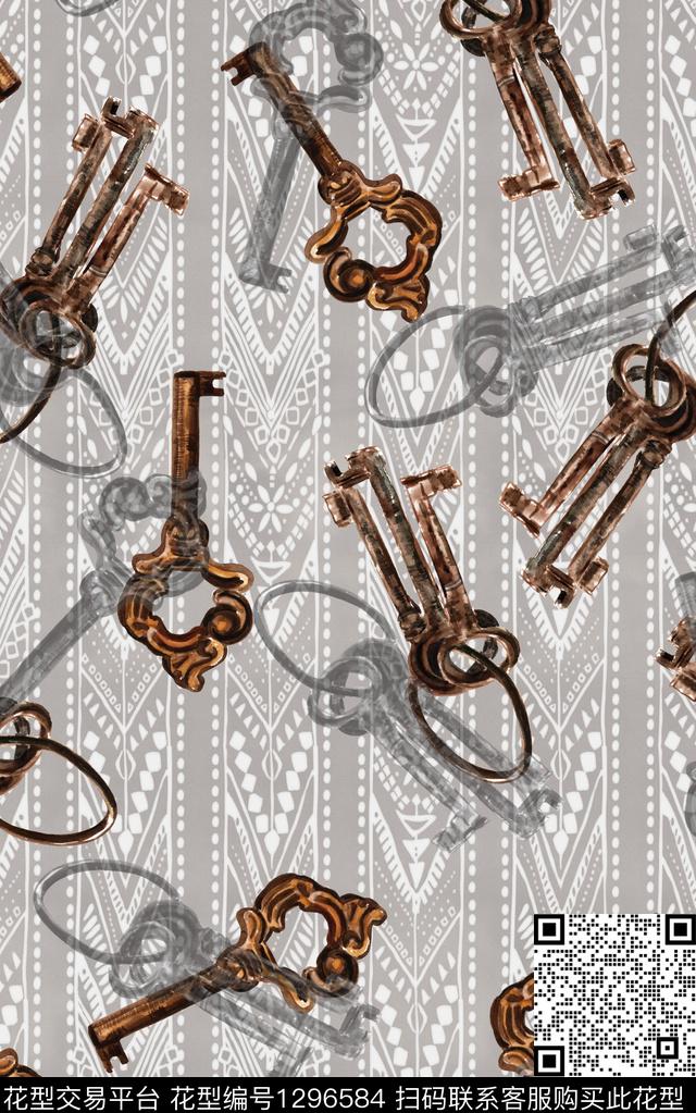 钥匙几何纹理传统印花华亿平台下载（图片编号: 1296584） - 瓦栏（Walan）