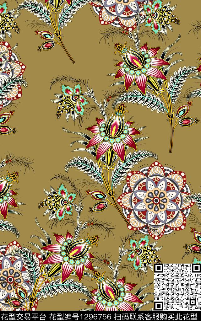 抽象花卉民族风几何印花复古女装大牌风数码印花华亿平台下载（图片编号: 1296756） - 瓦栏（Walan）