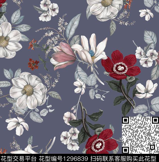 复古花卉大牌风数码印花华亿平台下载（图片编号: 1296839） - 瓦栏（Walan）