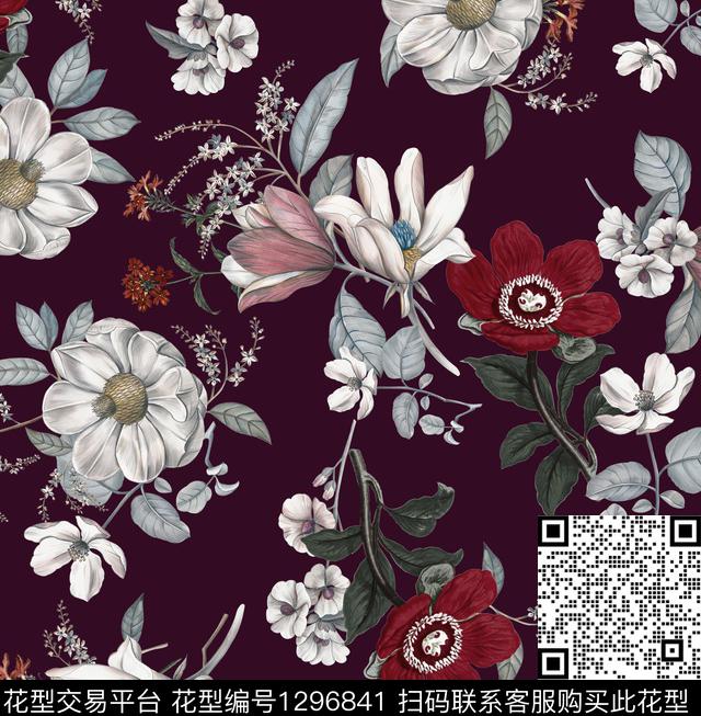 复古花卉大牌风数码印花华亿平台下载（图片编号: 1296841） - 瓦栏（Walan）