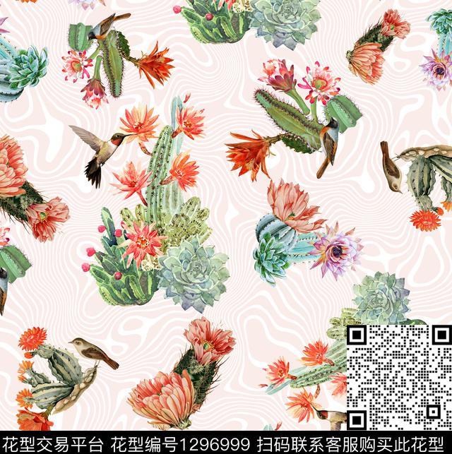 鸟花卉仙人掌数码印花华亿平台下载（图片编号: 1296999） - 瓦栏（Walan）