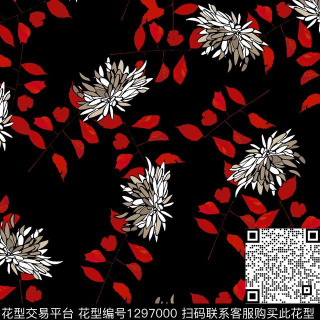 花卉抽象黑底花卉数码印花华亿平台下载（图片编号: 1297000） - 瓦栏（Walan）