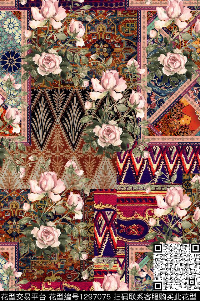 复古传统纹样条格数码印花华亿平台下载（图片编号: 1297075） - 瓦栏（Walan）