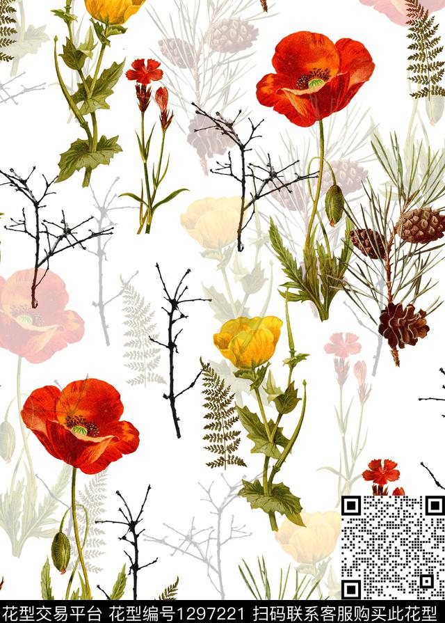 清爽底花卉大牌风松果数码印花华亿平台下载（图片编号: 1297221） - 瓦栏（Walan）