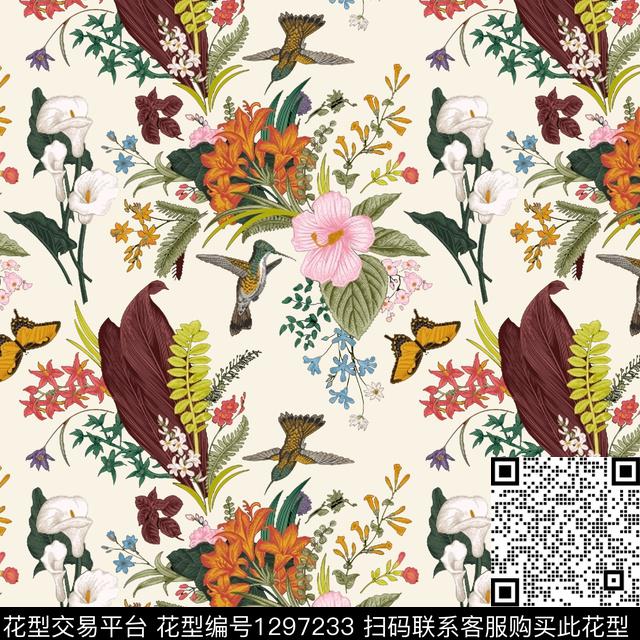 鸟复古花卉数码印花华亿平台下载（图片编号: 1297233） - 瓦栏（Walan）
