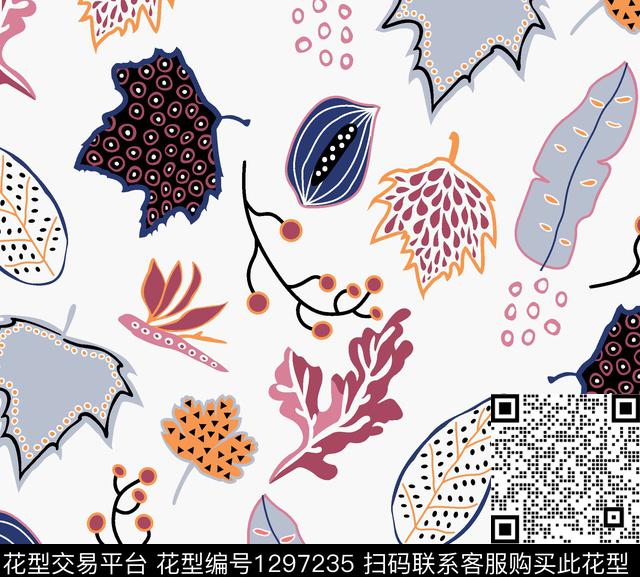绿植树叶几何花卉趣味传统印花华亿平台下载（图片编号: 1297235） - 瓦栏（Walan）