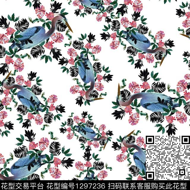 鸟花卉龟背叶数码印花华亿平台下载（图片编号: 1297236） - 瓦栏（Walan）