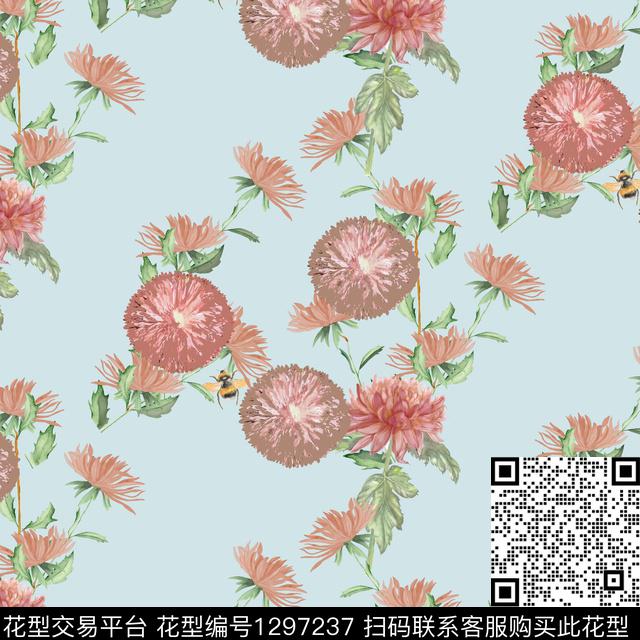 蜜蜂花卉水绿底数码印花华亿平台下载（图片编号: 1297237） - 瓦栏（Walan）