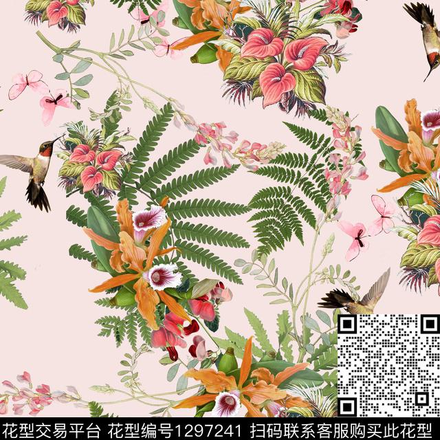 鸟复古花卉数码印花华亿平台下载（图片编号: 1297241） - 瓦栏（Walan）