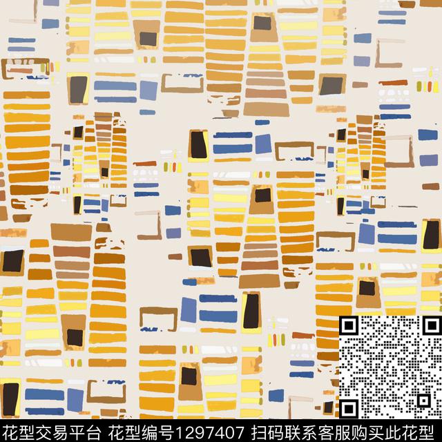 几何条纹混搭手绘线条笔触数码印花华亿平台下载（图片编号: 1297407） - 瓦栏（Walan）