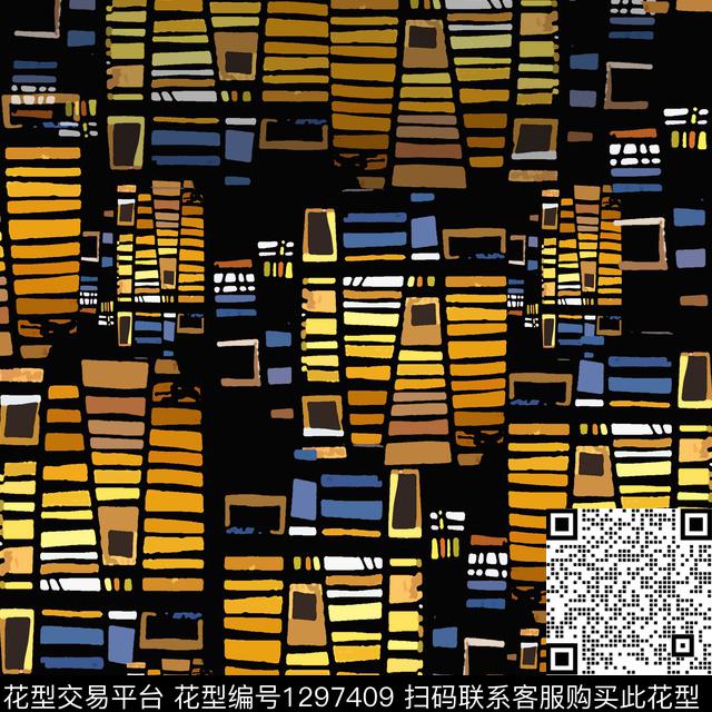 几何条纹混搭手绘线条笔触数码印花华亿平台下载（图片编号: 1297409） - 瓦栏（Walan）