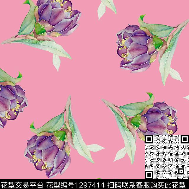 水彩花卉手绘大花散点花卉数码印花华亿平台下载（图片编号: 1297414） - 瓦栏（Walan）