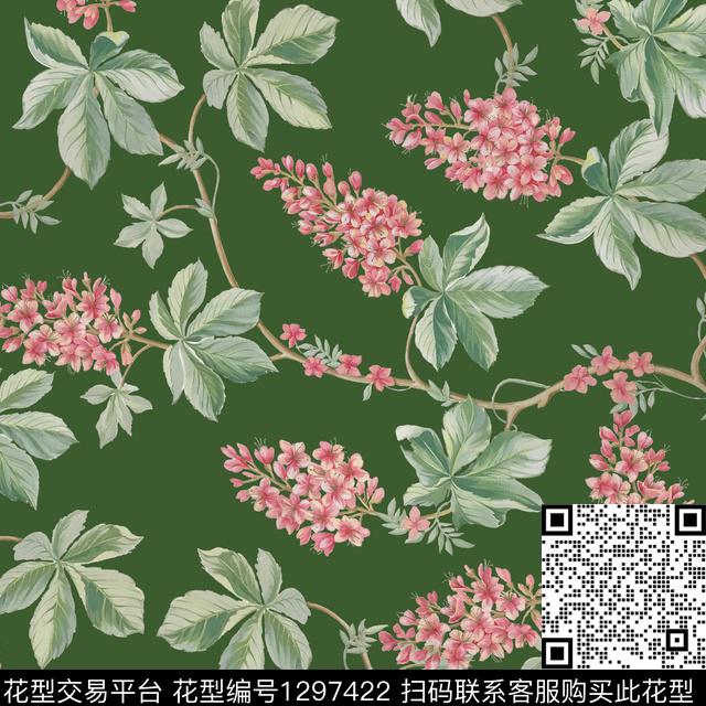 藤蔓花卉红花绿叶复杂花卉数码印花华亿平台下载（图片编号: 1297422） - 瓦栏（Walan）