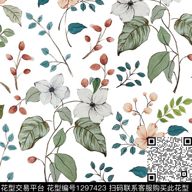 清爽底花卉散点花卉绿植树叶数码印花华亿平台下载（图片编号: 1297423） - 瓦栏（Walan）