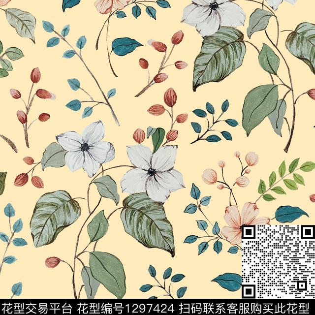 清爽底花卉散点花卉绿植树叶数码印花华亿平台下载（图片编号: 1297424） - 瓦栏（Walan）