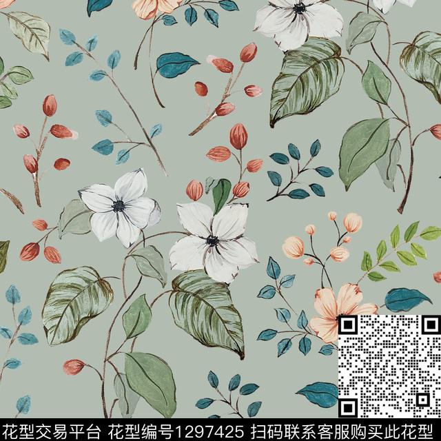 清爽底花卉散点花卉绿植树叶数码印花华亿平台下载（图片编号: 1297425） - 瓦栏（Walan）