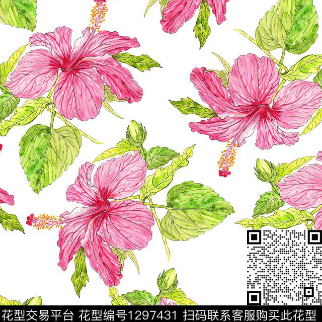 水彩花卉明艳朱槿花数码印花华亿平台下载（图片编号: 1297431） - 瓦栏（Walan）