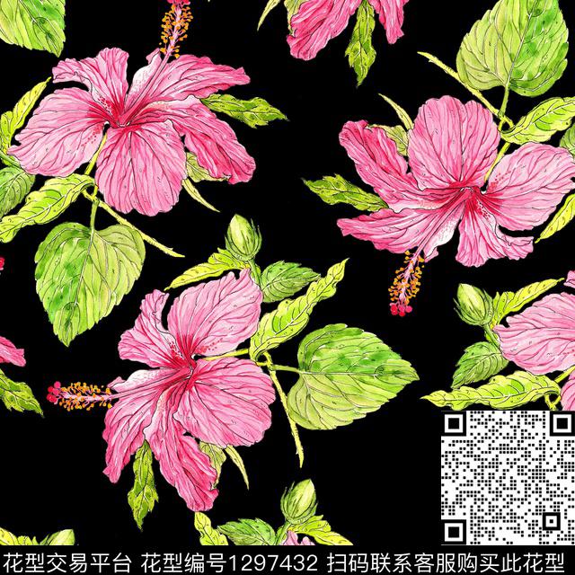 水彩花卉明艳朱槿花数码印花华亿平台下载（图片编号: 1297432） - 瓦栏（Walan）