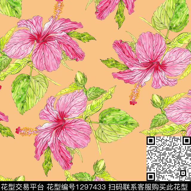 水彩花卉明艳朱槿花数码印花华亿平台下载（图片编号: 1297433） - 瓦栏（Walan）