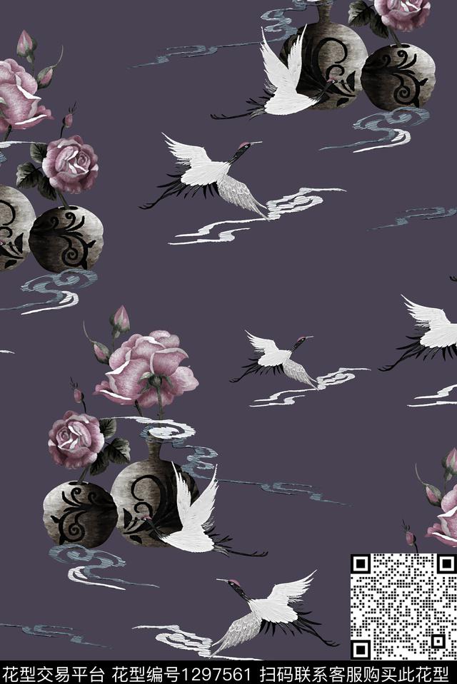 香云纱仙鹤中老年数码印花华亿平台下载（图片编号: 1297561） - 瓦栏（Walan）