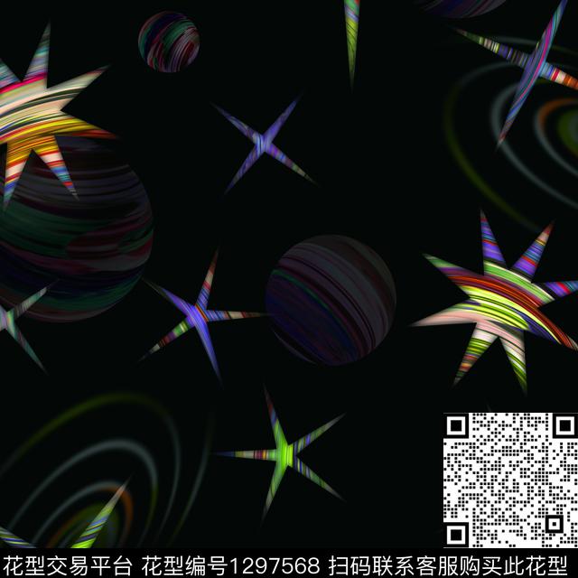 五角星星空黑底花卉传统印花华亿平台下载（图片编号: 1297568） - 瓦栏（Walan）