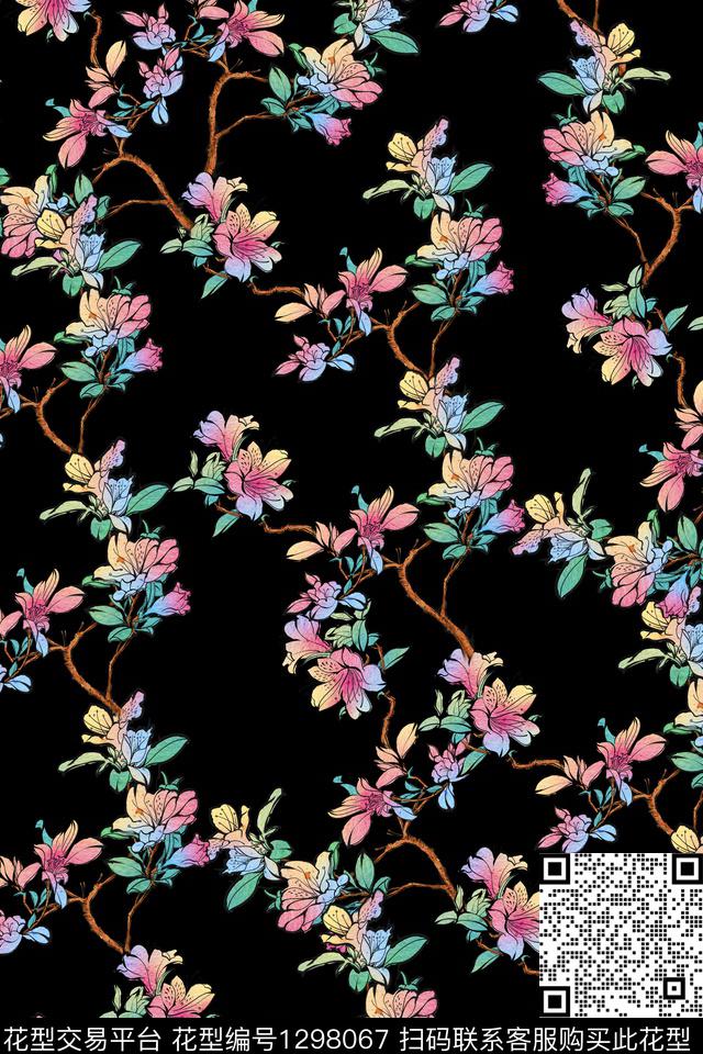 花卉手绘杜鹃花数码印花华亿平台下载（图片编号: 1298067） - 瓦栏（Walan）