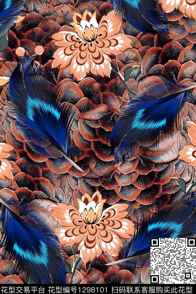 羽毛香云纱中国风数码印花华亿平台下载（图片编号: 1298101） - 瓦栏（Walan）