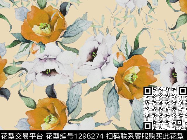 数码华亿平台抽象花卉茶花数码印花华亿平台下载（图片编号: 1298274） - 瓦栏（Walan）