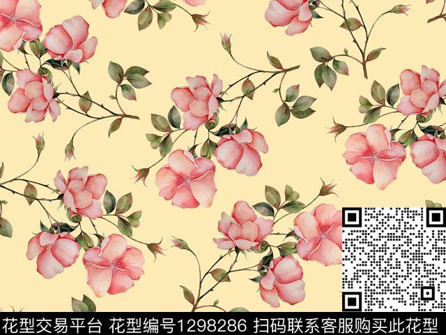 水彩花卉月季花精致花卉数码印花华亿平台下载（图片编号: 1298286） - 瓦栏（Walan）