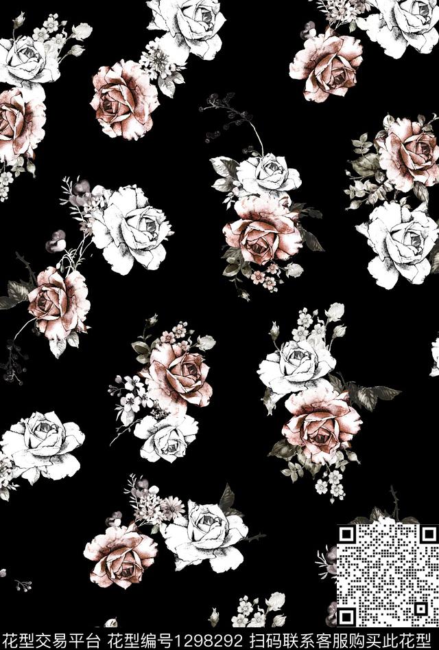 玫瑰花黑白华亿平台花卉数码印花华亿平台下载（图片编号: 1298292） - 瓦栏（Walan）