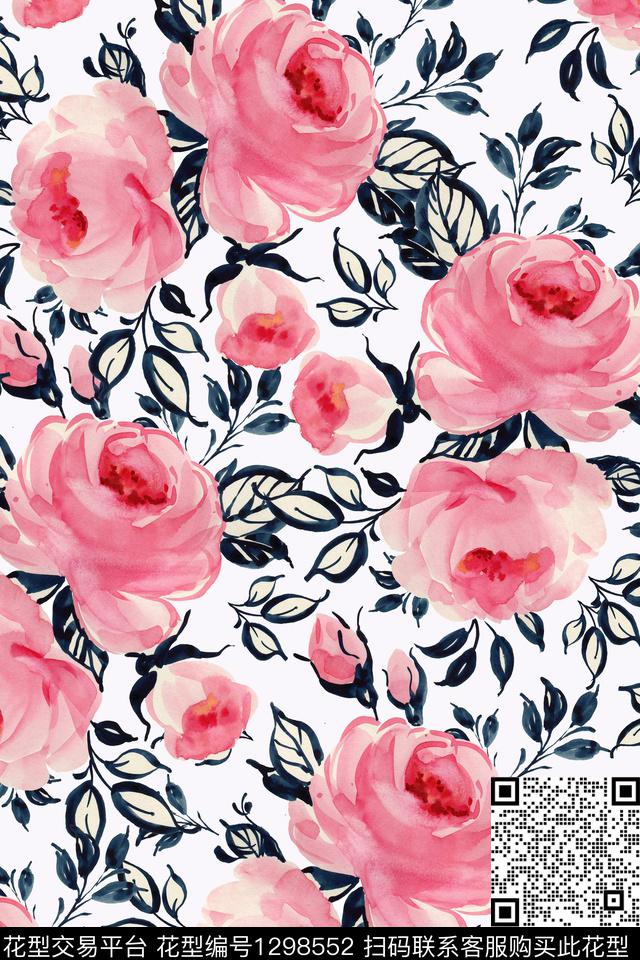 水彩清爽底花卉玫瑰花数码印花华亿平台下载（图片编号: 1298552） - 瓦栏（Walan）
