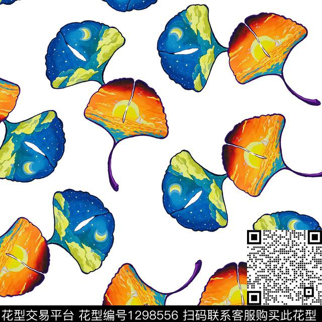 清爽底花卉抽象花卉银杏叶数码印花华亿平台下载（图片编号: 1298556） - 瓦栏（Walan）