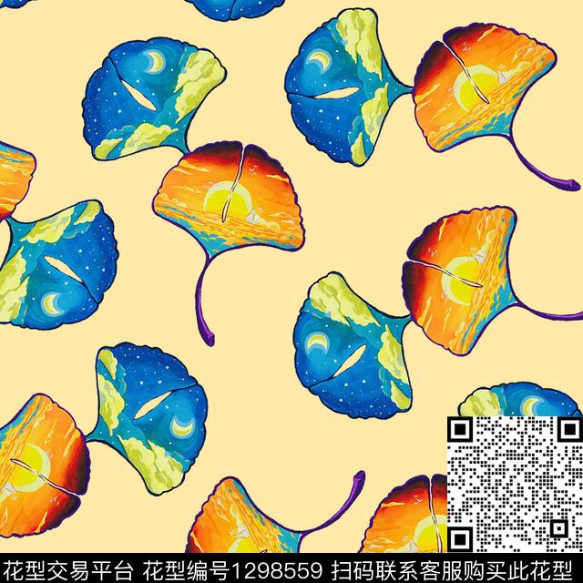 清爽底花卉抽象花卉银杏叶数码印花华亿平台下载（图片编号: 1298559） - 瓦栏（Walan）