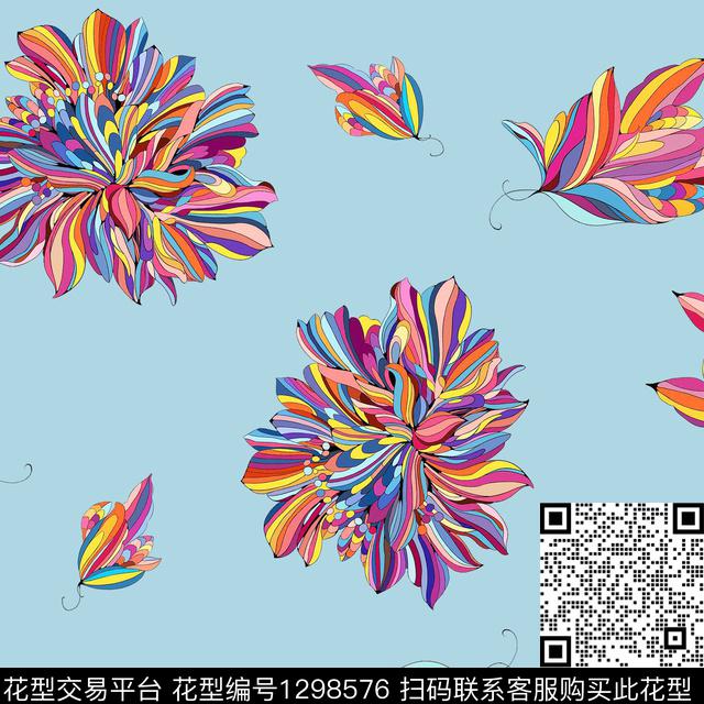 抽象花卉科技花卉散点排列数码印花华亿平台下载（图片编号: 1298576） - 瓦栏（Walan）